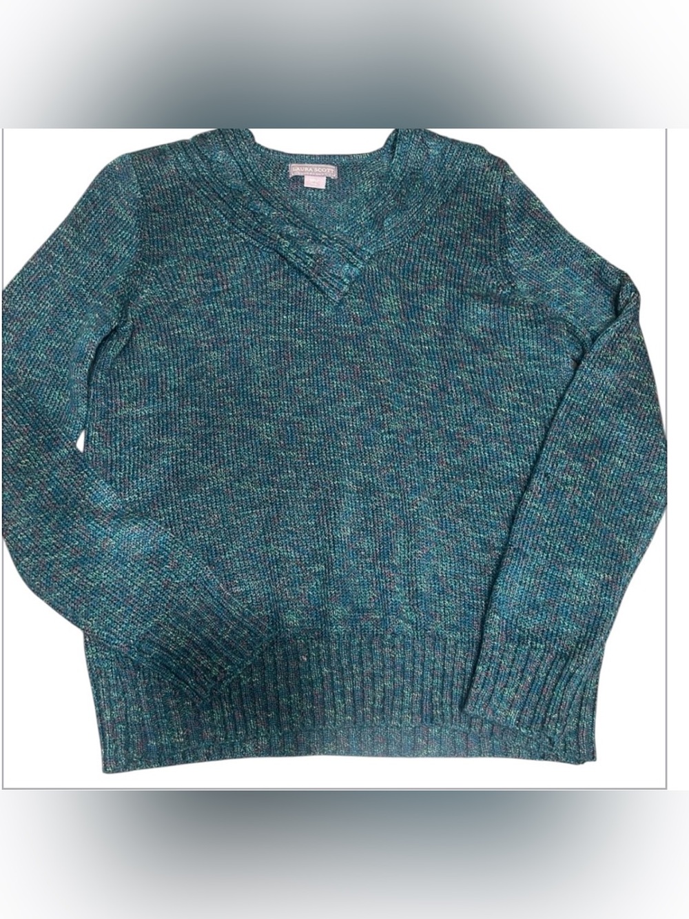 Laura Scott Blu Green Long Sleeve V-Neck Sweater Ribbed Knit Medium Warm Winter